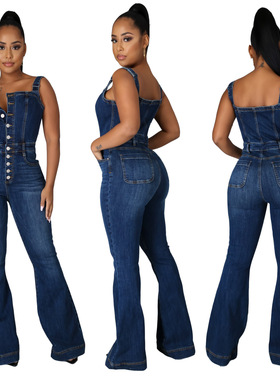 Women Denim Jeans Jumpsuit Sashes Bodycon Rompers 牛仔连体裤