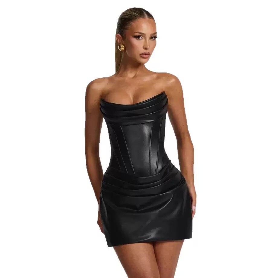 欧美性感短裙新款皮革性感抹胸一字领绑带收腰连衣裙  sexy dress