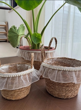 手工编织蒲草收纳桶手提珍珠配饰带塑料内衬绿植花盆花器客厅装饰