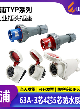 威浦工业插头插座63A-3-4-5芯明装暗装直式斜式TYP插座连接器IP67