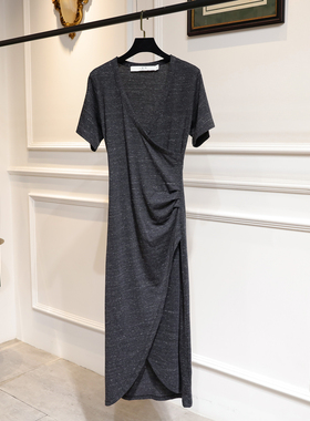 PEACH IRO2026新款女装修身V领交襟开叉包臀中长裙连衣裙女