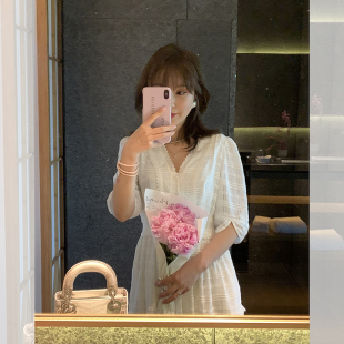 【海芋恋】提花格纹V领连衣裙女中长款/长款可选