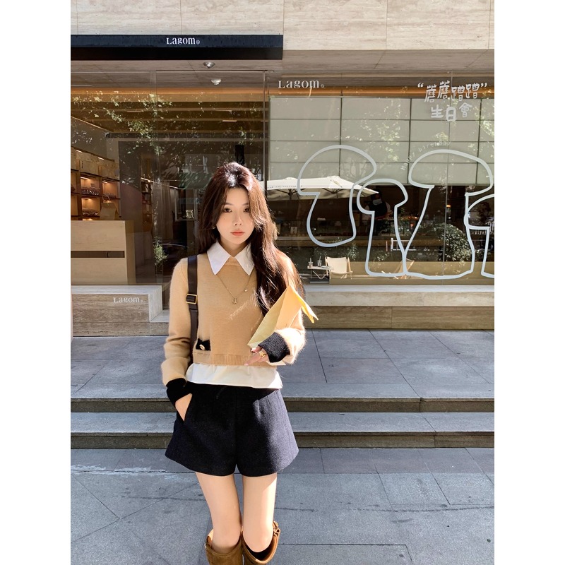 Preppy Look私服套装 衬衫领假两件短毛衣/jac*50羊毛呢A字短裤