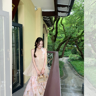 Girlcore醉梦繁花 新中式无袖连衣裙长款 网纱拼接挂脖长裙女夏季