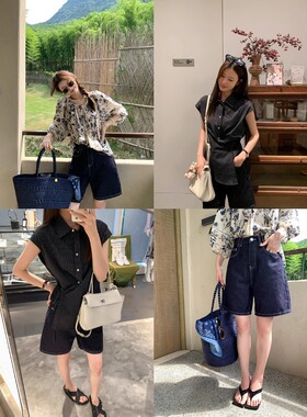 yumomo 意式松弛感套组纯棉色织格纹无袖衬衣/小衫/老钱牛仔中裤