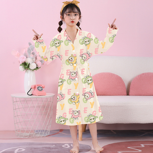 儿童睡袍纯棉春秋夏季可爱卡通家居服长款系带浴袍男女孩蛋仔派对