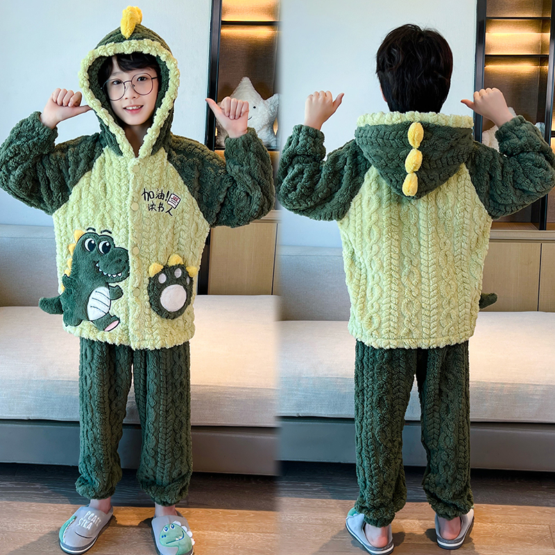 儿童睡衣冬季家居服套装连帽小孩