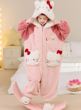 儿童睡衣冬季家居服套装连帽小孩睡袋防踢连体保暖法兰绒HelloKit