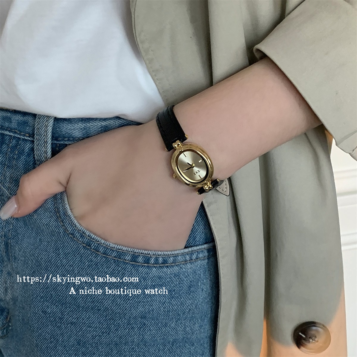 sky小众复古女款黑金手表石英表