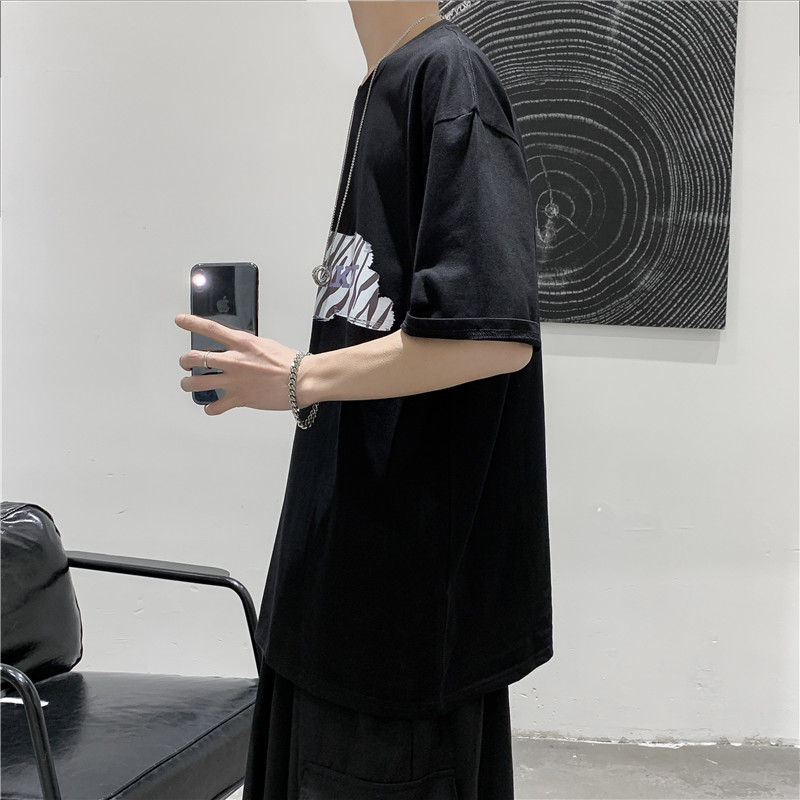 T113短句夏季男士斑马纹印花短袖T恤宽松休闲圆领打底衫,男装T恤,电商B369（原A024）