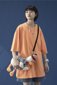 T100-P15   夏季新款宽松百搭纯色圆领短袖T恤男女休闲上衣 桔色图片