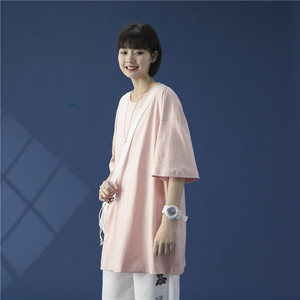 T100-P15夏季新款纯色圆领短袖T恤男女薄款宽松半袖上衣粉色