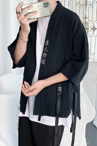 CS11    夏季大码宽松短袖道袍男休闲七分袖亚麻和服衬衫图片