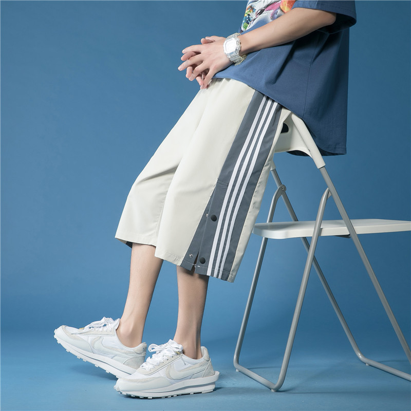 夏季新款排扣七分裤男宽松直筒休闲条纹运动短裤潮牌,男装休闲裤,电商B369（原A024）