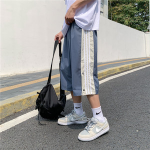 夏季新款排扣七分裤男宽松三条杠运动休闲短裤