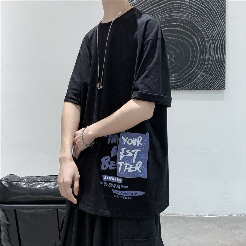 T107  短句 夏季新款潮流印花短袖男宽松帅气半袖打底衫图片