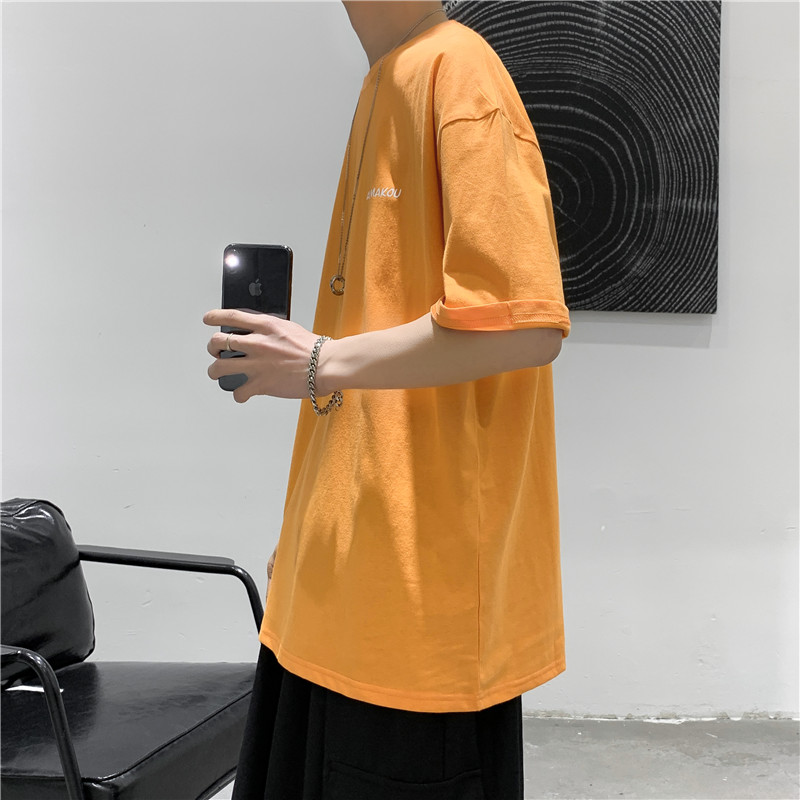 T101夏季糖果色印花短袖T恤男士潮流半袖上衣桔色,男装T恤,电商B369（原A024）