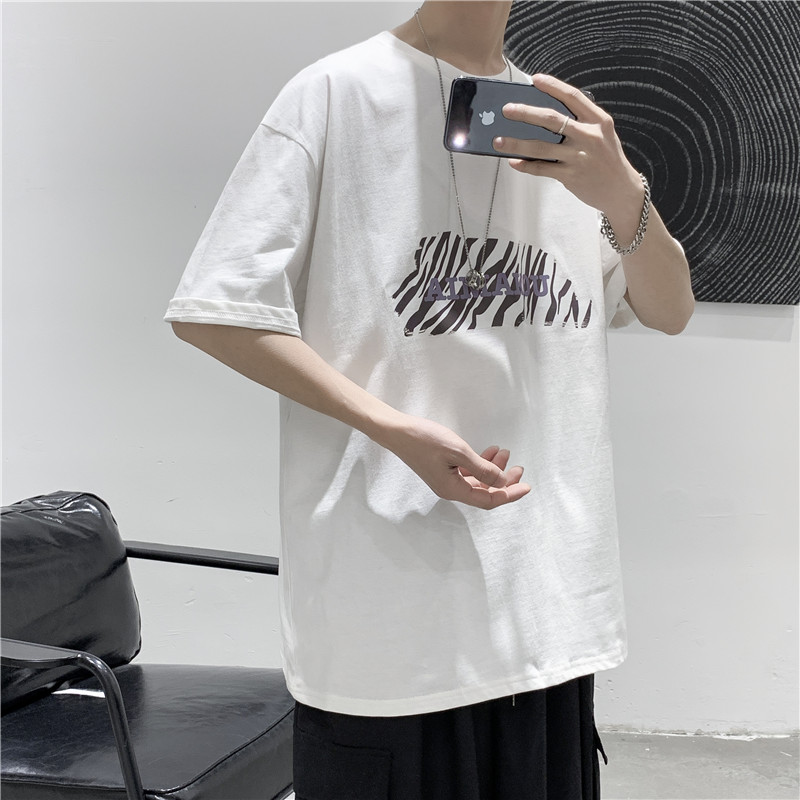 T113短句夏季新款斑马纹印花短袖T恤男宽松半袖打底衫,男装T恤,电商B369（原A024）