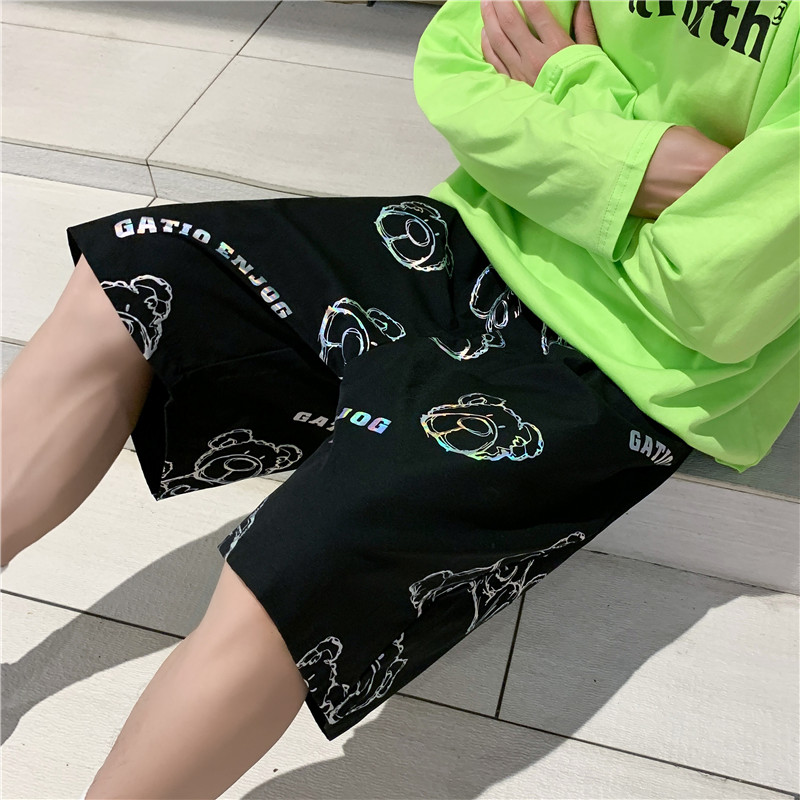 夏季新款小熊印花反光短裤男士宽松运动直筒五分裤,男装休闲裤,电商B369（原A024）