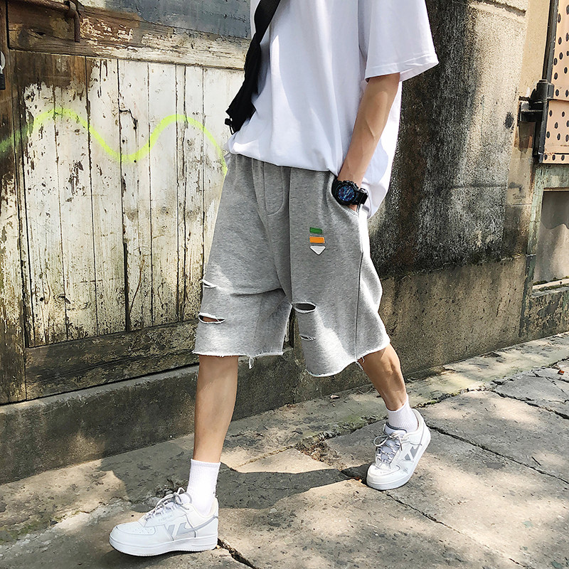   夏季潮牌破洞五分裤男大码宽松运动休闲短裤图片