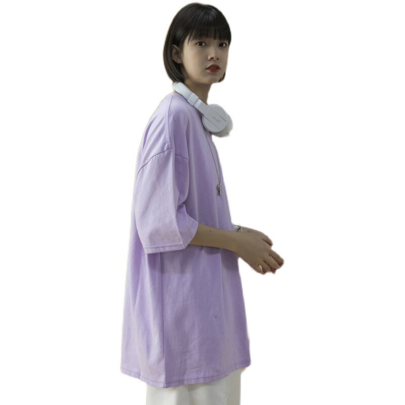 T100夏季纯色短袖T恤男女新款圆领潮流半袖打底衫紫色,男装T恤,电商B369（原A024）