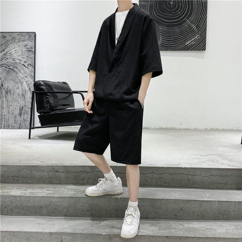 TZ01-P65夏季男士V领短袖七分袖T恤运动套装大码短裤冰丝透气,男装休闲套装,电商B369（原A024）