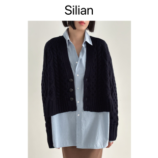 复古松弛绞花｜V领廓形开衫 秋冬短款 羊皮纽扣｜800G超厚羊毛｜