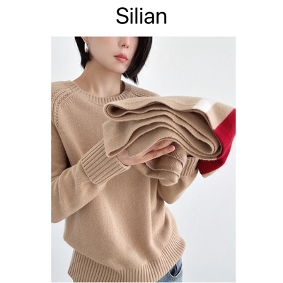 Silian｜奢华山羊绒｜美人肩基本款圆领｜套头毛衣+造型双色围巾