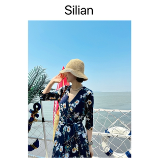 Silian春夏显瘦弹力面料｜法式印花V领绑带连衣裙｜茶歇裙围裹裙