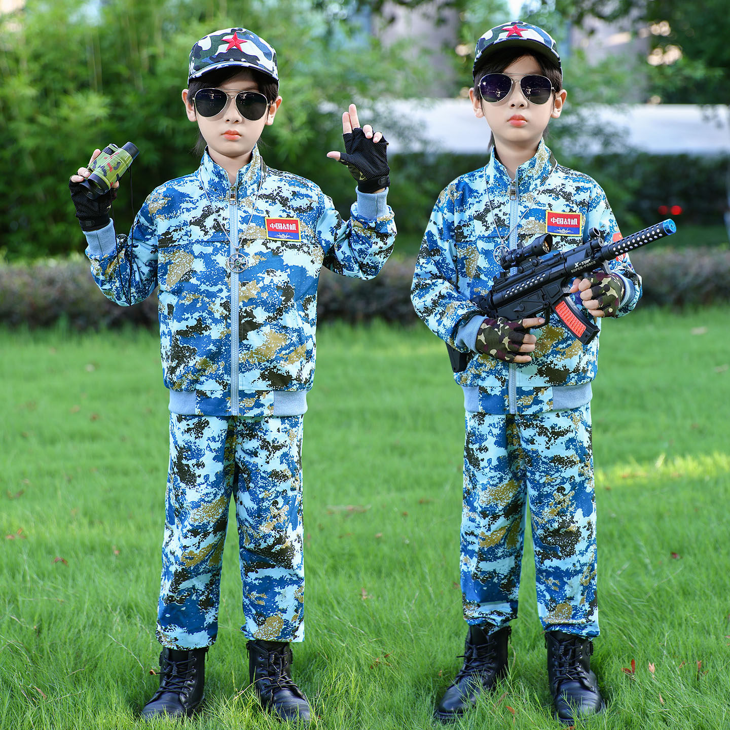儿童迷彩服套装男童警官衣服纯棉空军制服男孩军人运动会军训服装