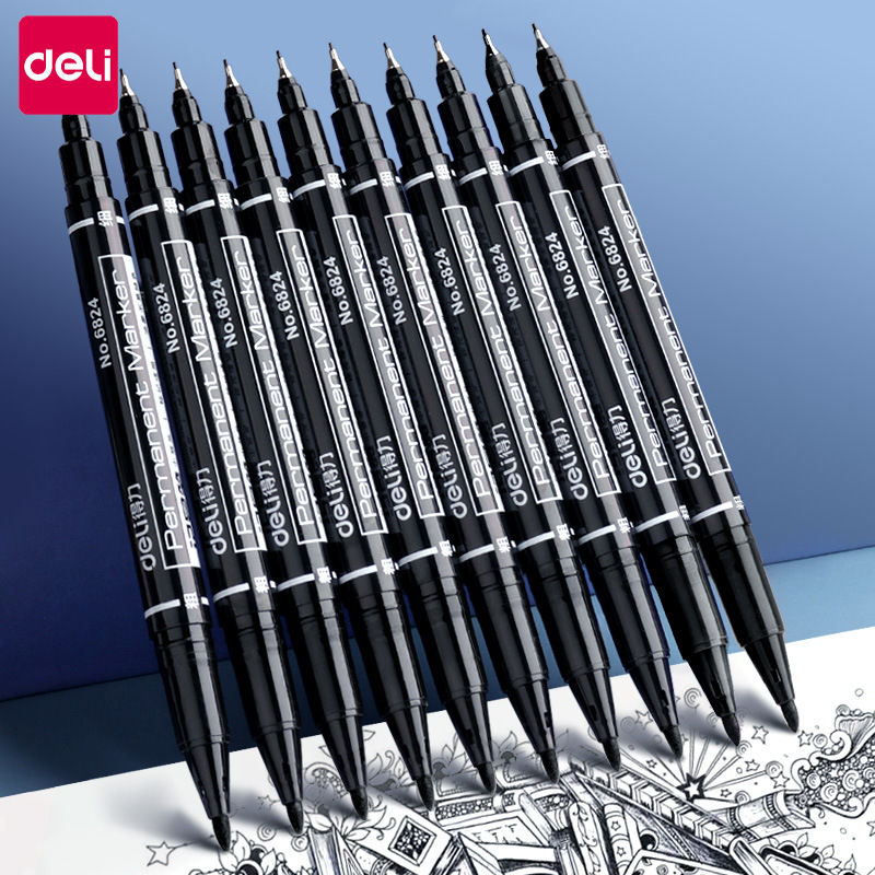 得力6823双头记号笔勾线笔黑色美术专用儿童幼儿园油性大头笔