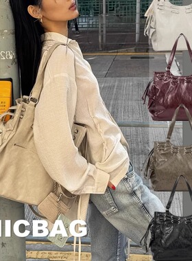 韩国deine*手提机车包大容量铆钉抽绳单肩托特包通勤时尚甜酷辣妹