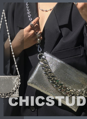 【清仓秒发】金属粗链条银色亮片包女单肩斜挎腋下麻将包美伢同款