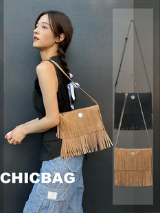 【清仓秒发】韩国全秀林流苏包美式复古真皮斜挎包美拉德时髦度假