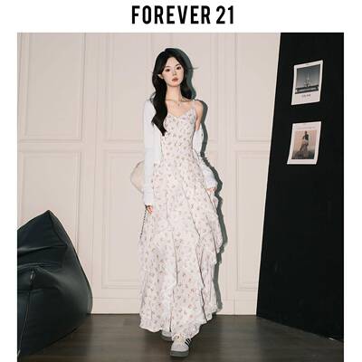 Forever21温柔白色碎花吊带连衣裙女春法式荷叶边修身A字绝美长裙