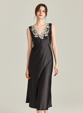 LP黑色高级感maison宽肩带手工蕾丝刺绣真丝睡裙女居家连衣裙睡衣