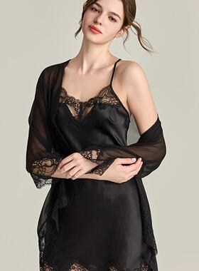 2025春季新款轻奢GP19姆米桑蚕丝拼接乔其纱睡袍真丝吊带睡衣套装