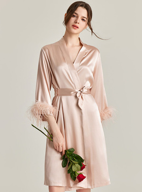 GP夏澳大利亚鸵鸟毛真丝睡袍桑蚕丝新娘晨袍送爱人高端礼物睡衣女