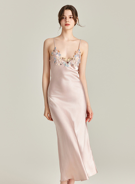 2025LP新款春秋25周年maison系列刺绣真丝吊带睡衣女彩色蕾丝长裙