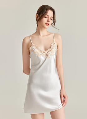 LP经典2025夏季新款吊带真丝睡裙短款桑蚕丝睡衣女蕾丝刺绣家居服