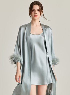 GP夏高档真丝睡袍女性感澳大利亚鸵鸟毛桑蚕丝晨袍送闺蜜女友礼物