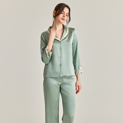 100%桑蚕丝长袖长裤外穿睡衣套装