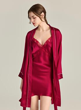 真丝睡袍女长袖系带红色婚礼中长款晨袍高级感女士桑蚕丝家居睡衣