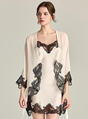 GP19姆米桑蚕丝拼接乔其纱吊带睡袍两件套女性感真丝睡裙长袖睡衣