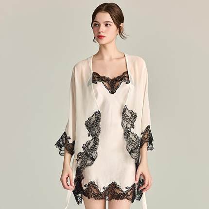 GP19姆米桑蚕丝拼接乔其纱吊带睡袍两件套女性感真丝睡裙长袖睡衣