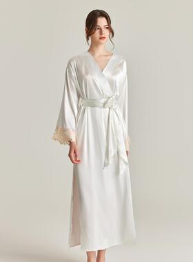 2025春新款镂空花边性感真丝睡袍女100%桑蚕丝系带浴袍睡衣家居服