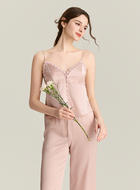 GP春夏新款22姆米真丝吊带长裤睡衣两套装内搭桑蚕丝带胸垫家居服
