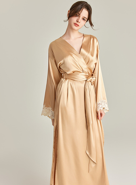 LP金色MAISON真丝刺绣睡袍高端贵气新娘晨袍桑蚕丝可外穿家居服春