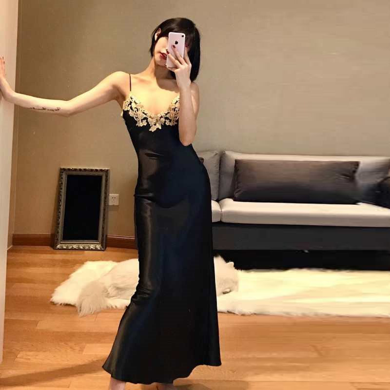 2025秋季LP性感长款手工蕾丝花边睡衣吊带裙女孩90后长裙居家睡裙