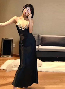 2025秋季LP性感长款手工蕾丝花边睡衣吊带裙女孩90后长裙居家睡裙